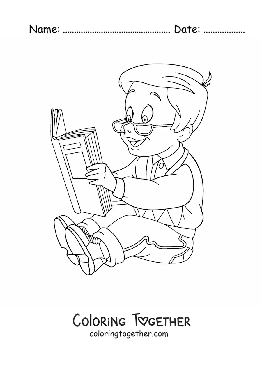 Coloring page of a boy with glasses reading a book