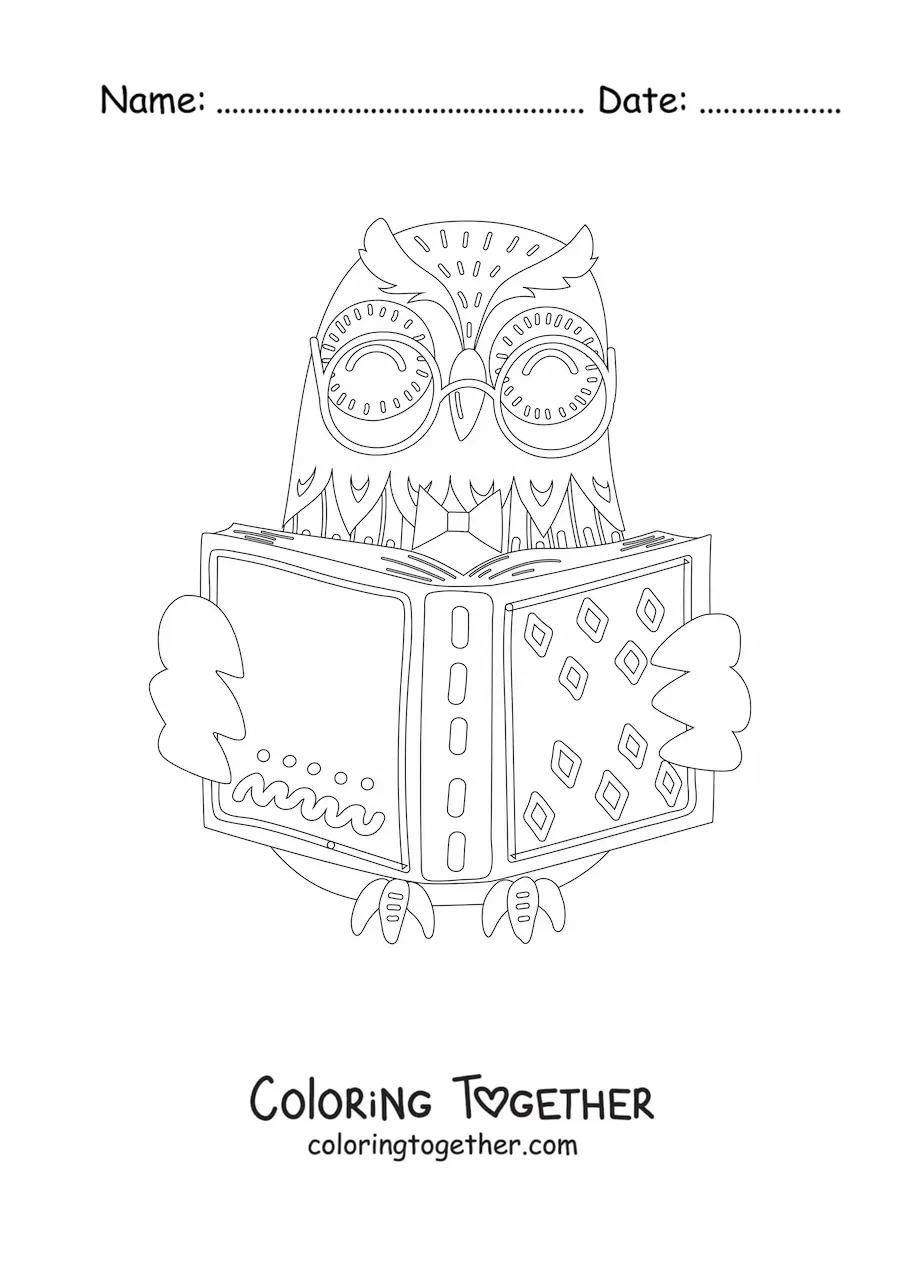 Coloring page of a cartoon owl reading a book