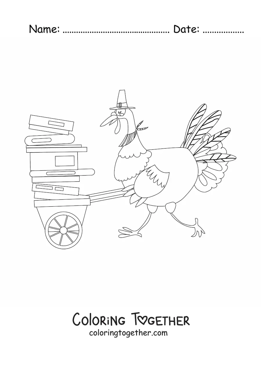 Coloring page of a cartoon turkey with books stacked in a wheelbarrow