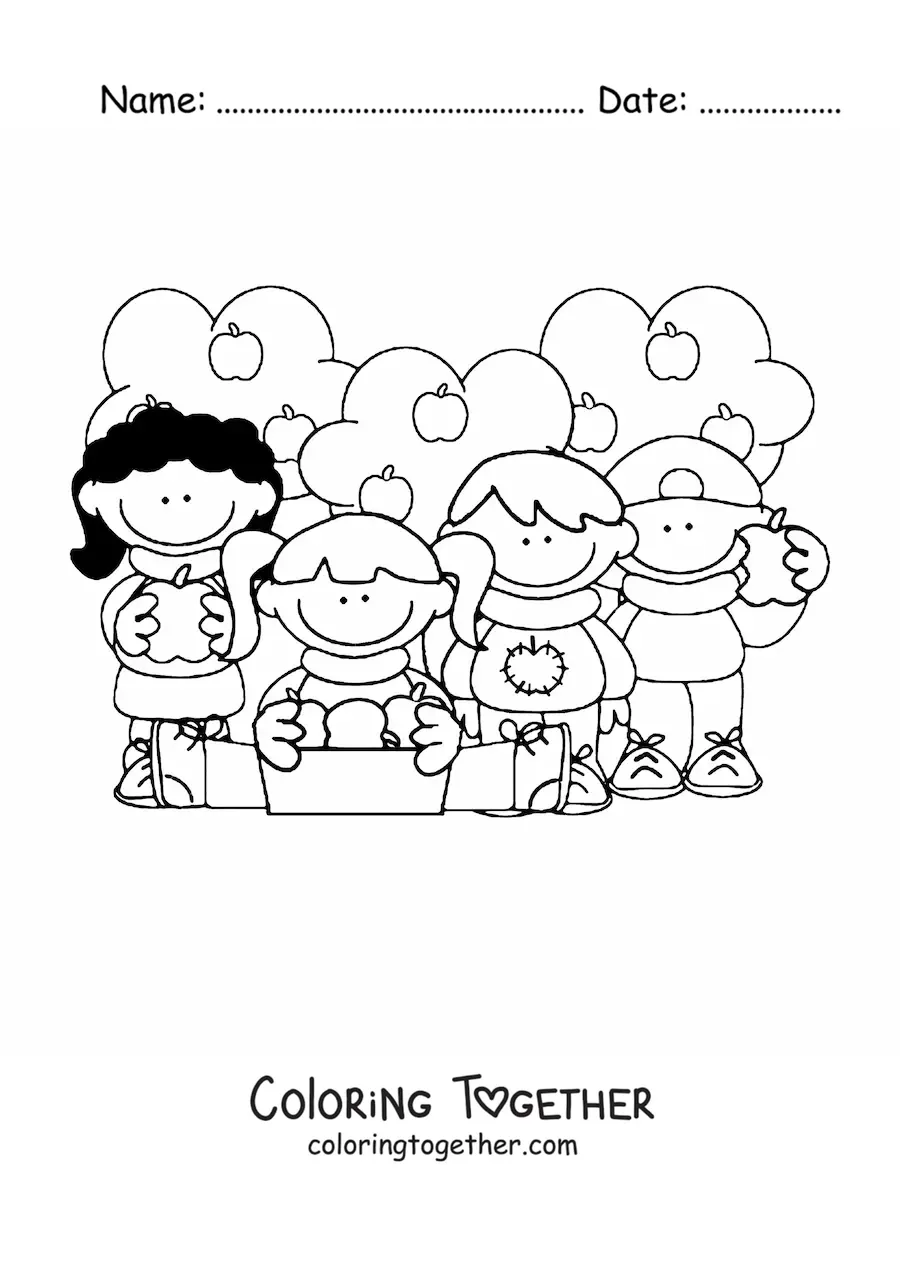 Coloring page of children eating apples with apple trees in the background