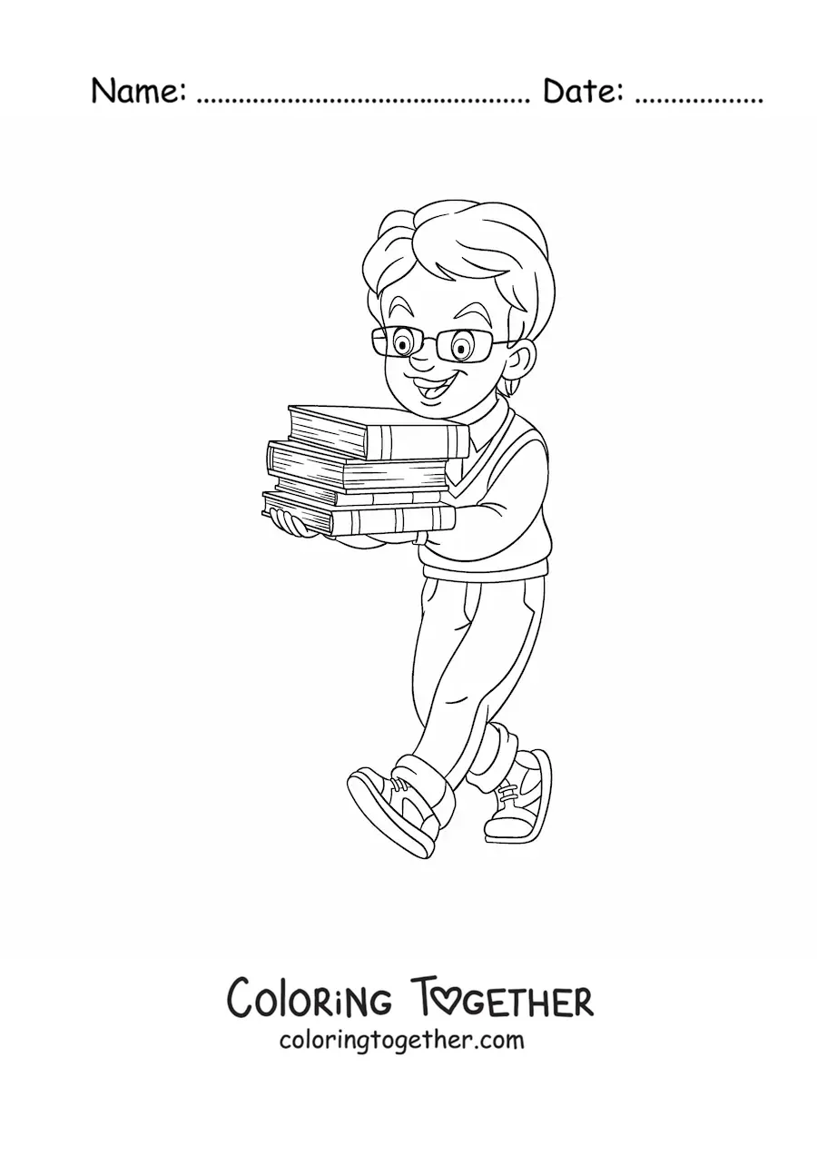 Coloring page of a boy carrying several stacked books