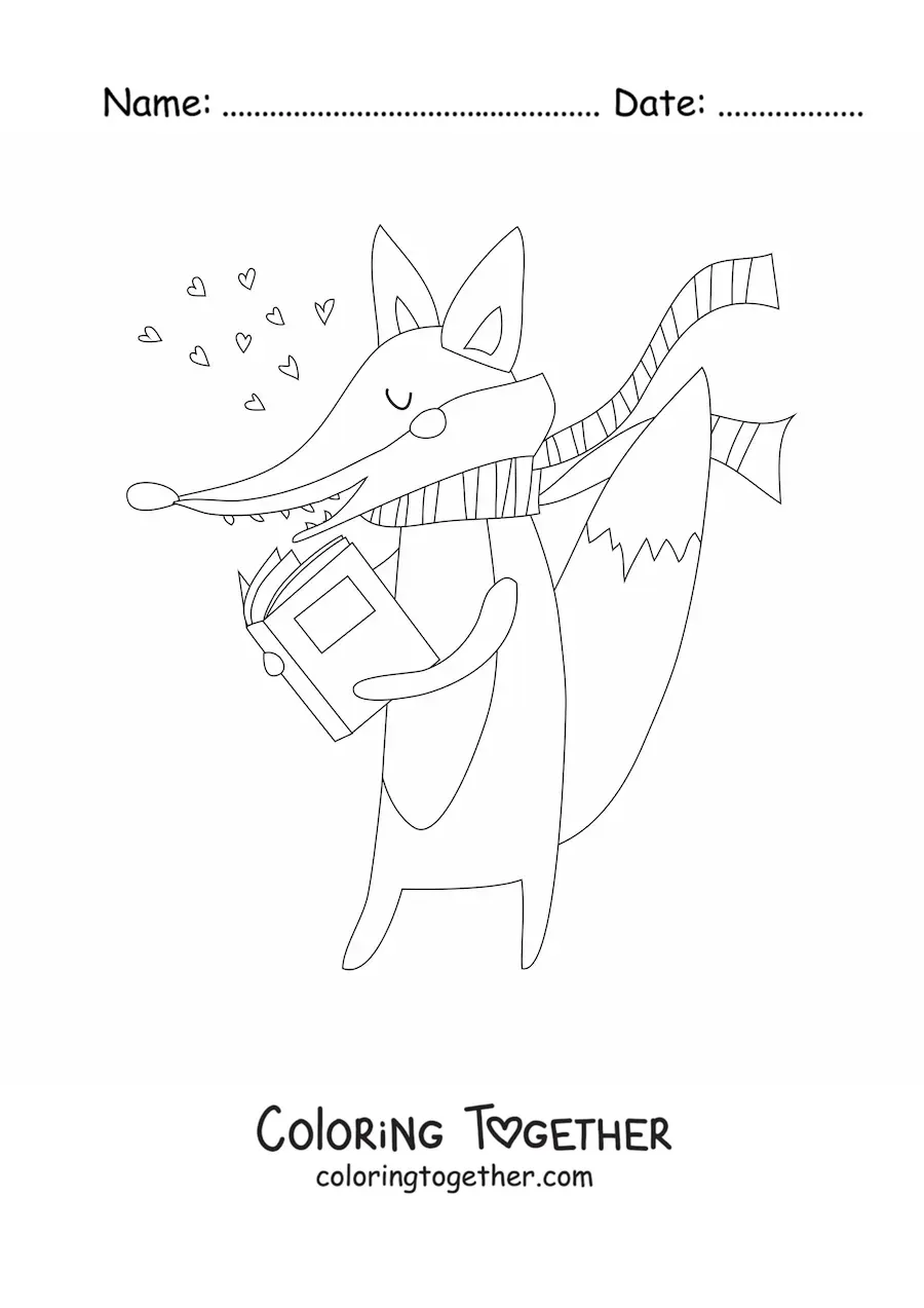 Coloring page of a cartoon fox reading a book