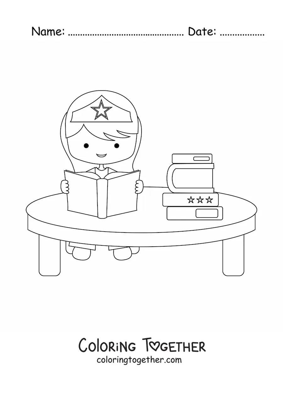 Coloring page of a kawaii superhero girl reading a book