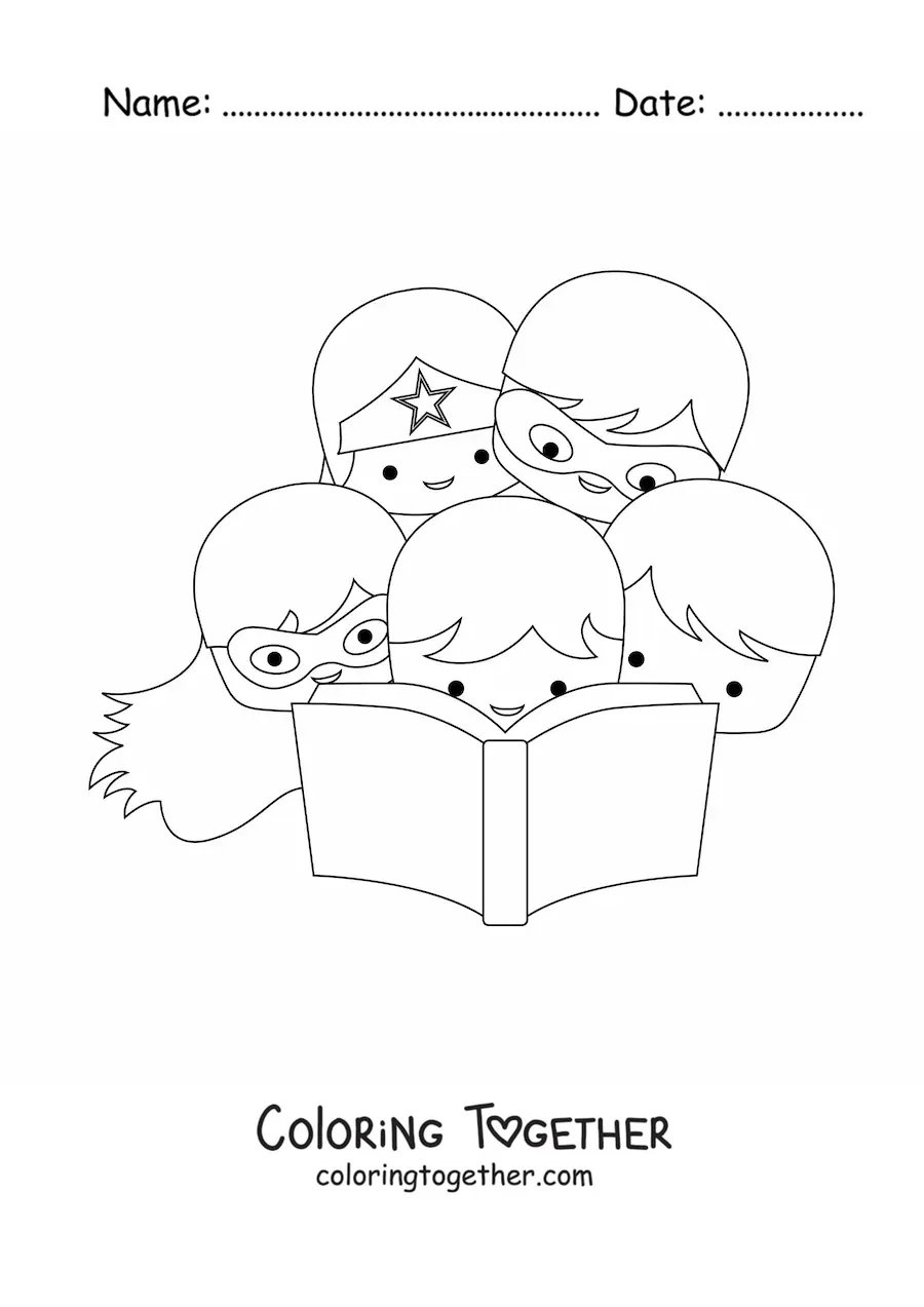 Coloring page of several superhero kids reading a book together