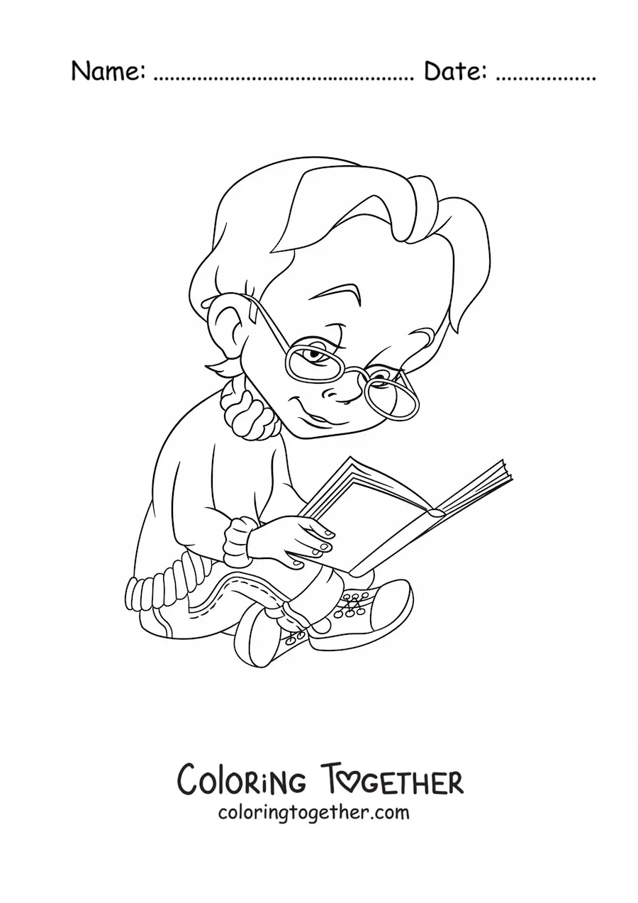 Coloring page of a girl with glasses sitting and reading a book