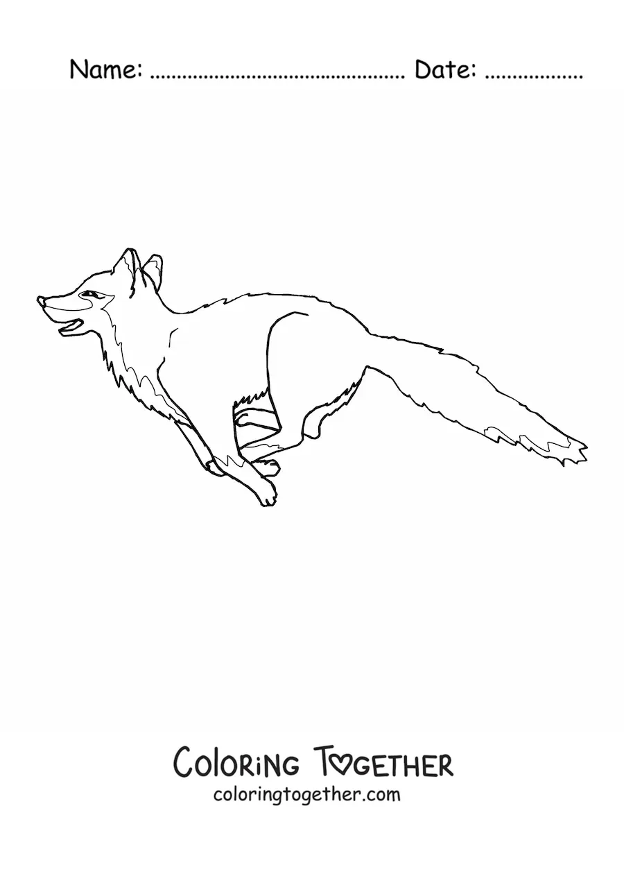 Coloring page of a wild fox jumping with its mouth open