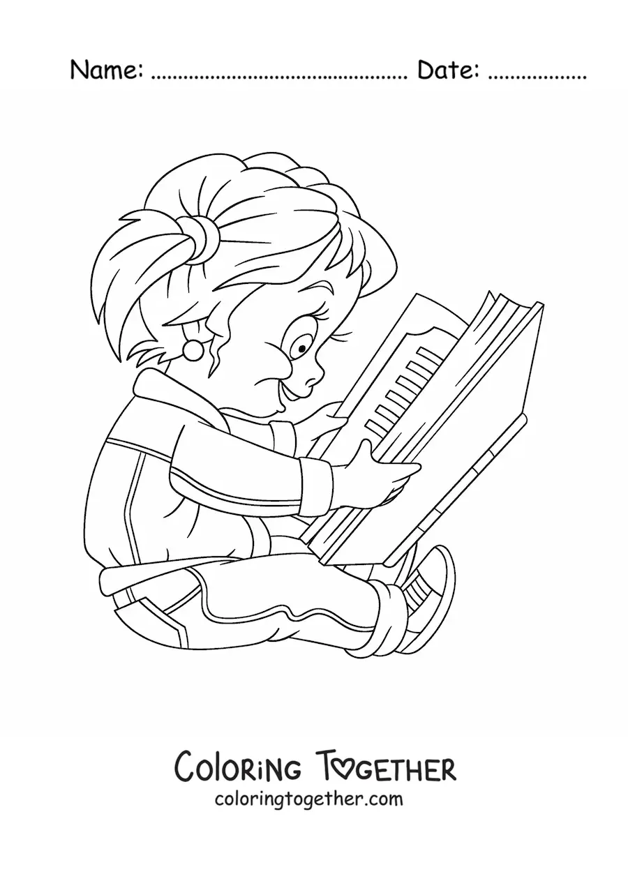 Coloring page of a girl reading a book