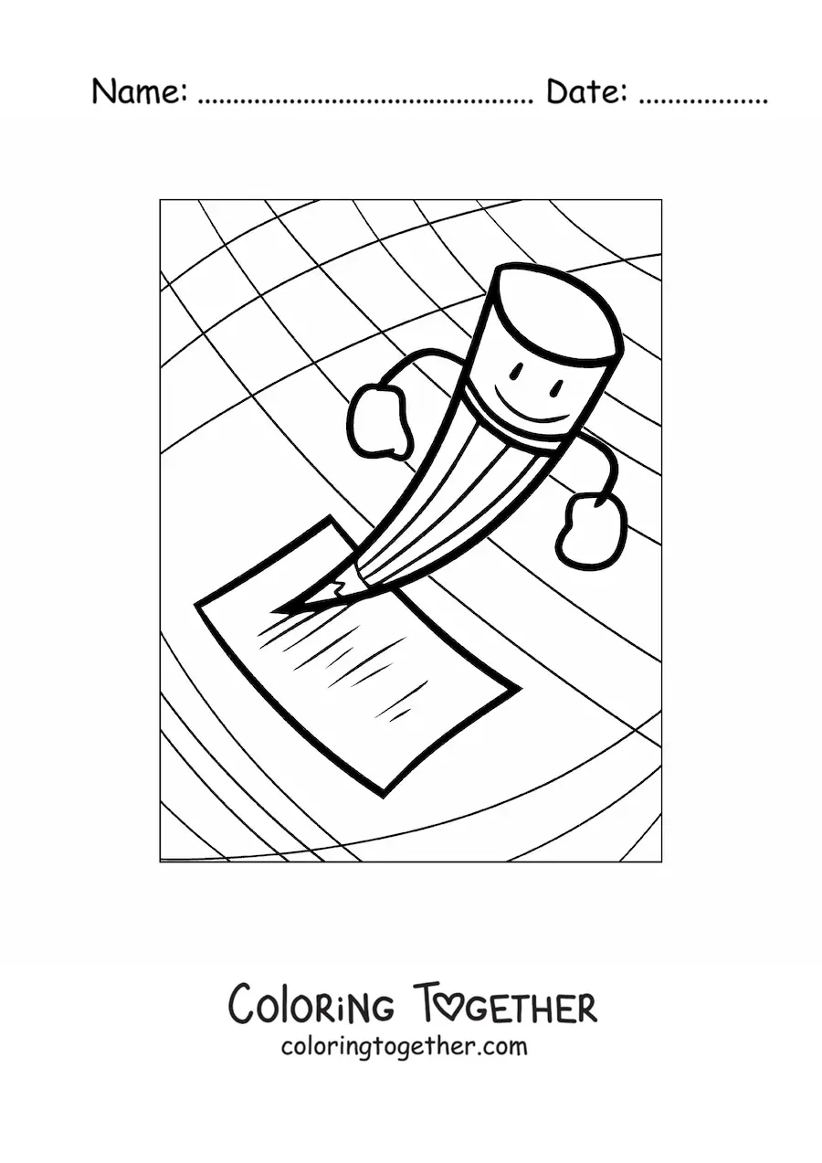 Coloring page of a cartoon pencil writing on a piece of paper