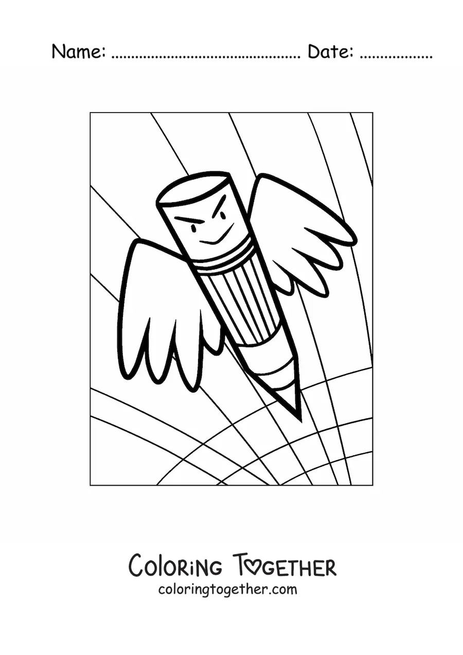 Coloring page of a cartoon pencil with wings
