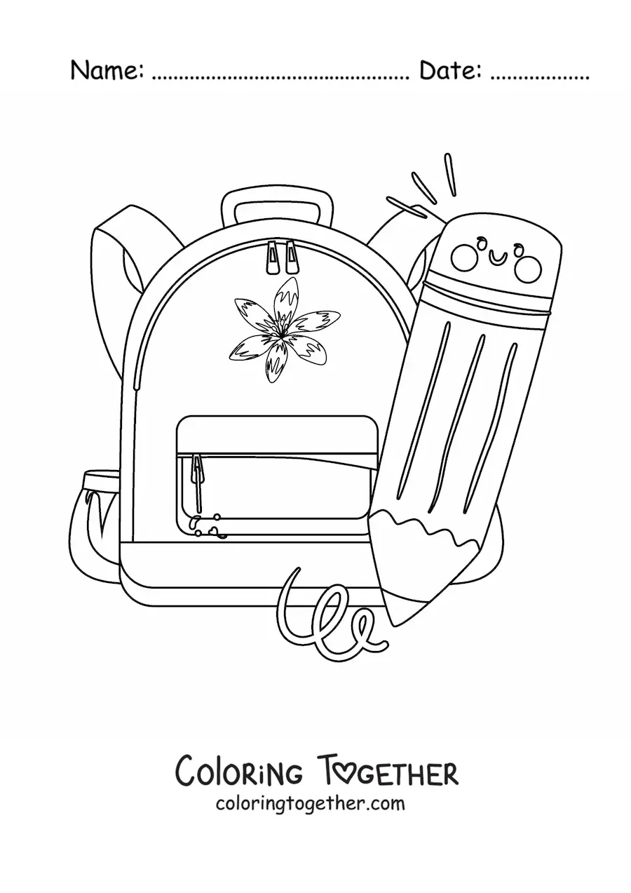 Coloring page of a kawaii cartoon pencil next to a school backpack