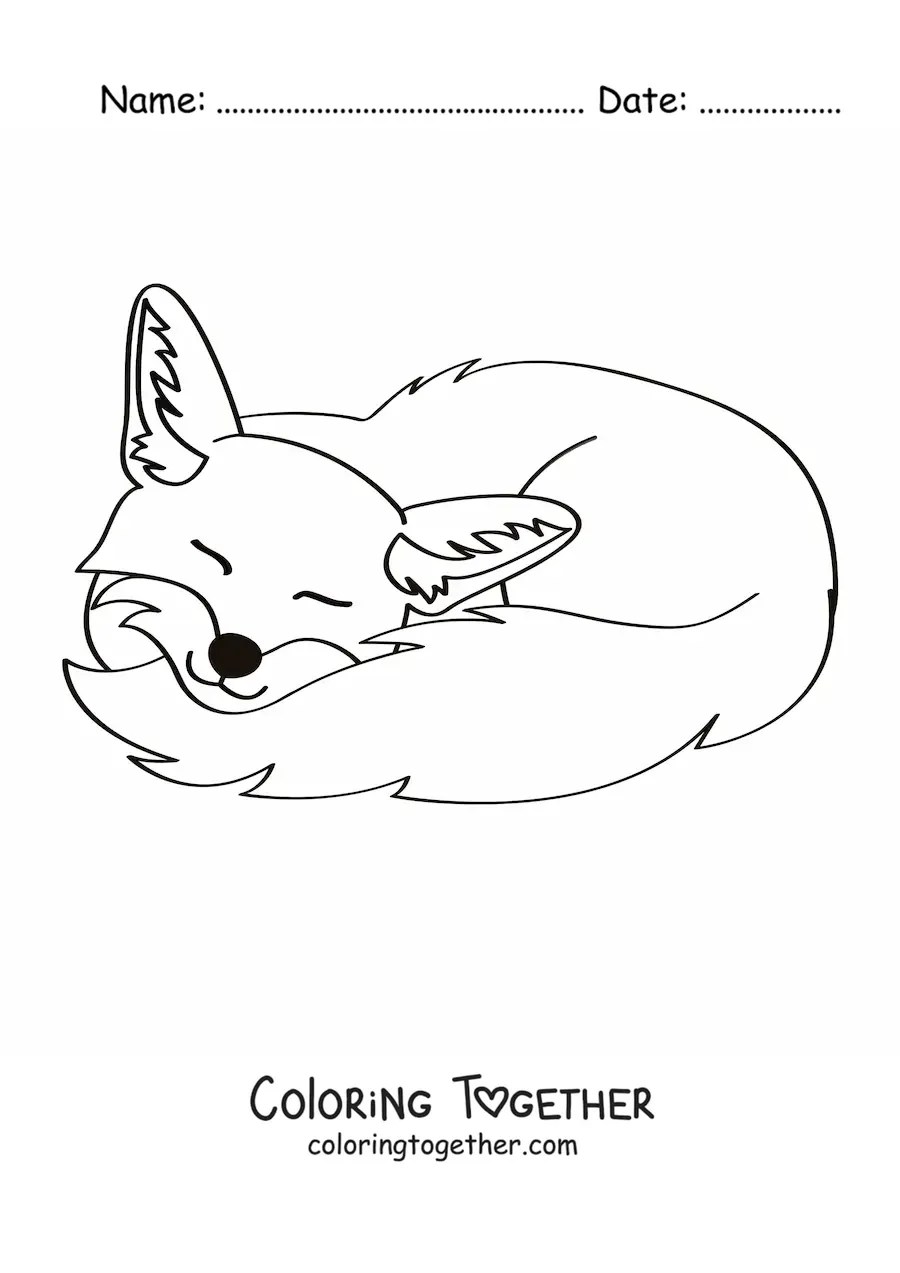 Coloring page of a smiling fox sleeping