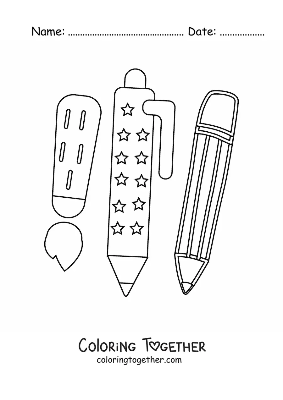 Coloring page of three school supplies