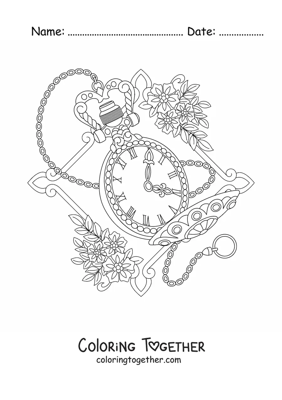 Coloring page of a cute antique clock showing the time