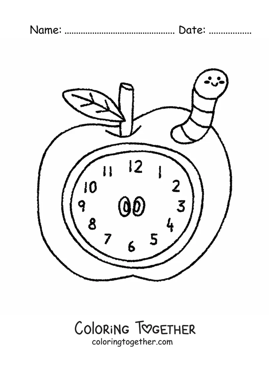 Coloring page of a kawaii apple clock