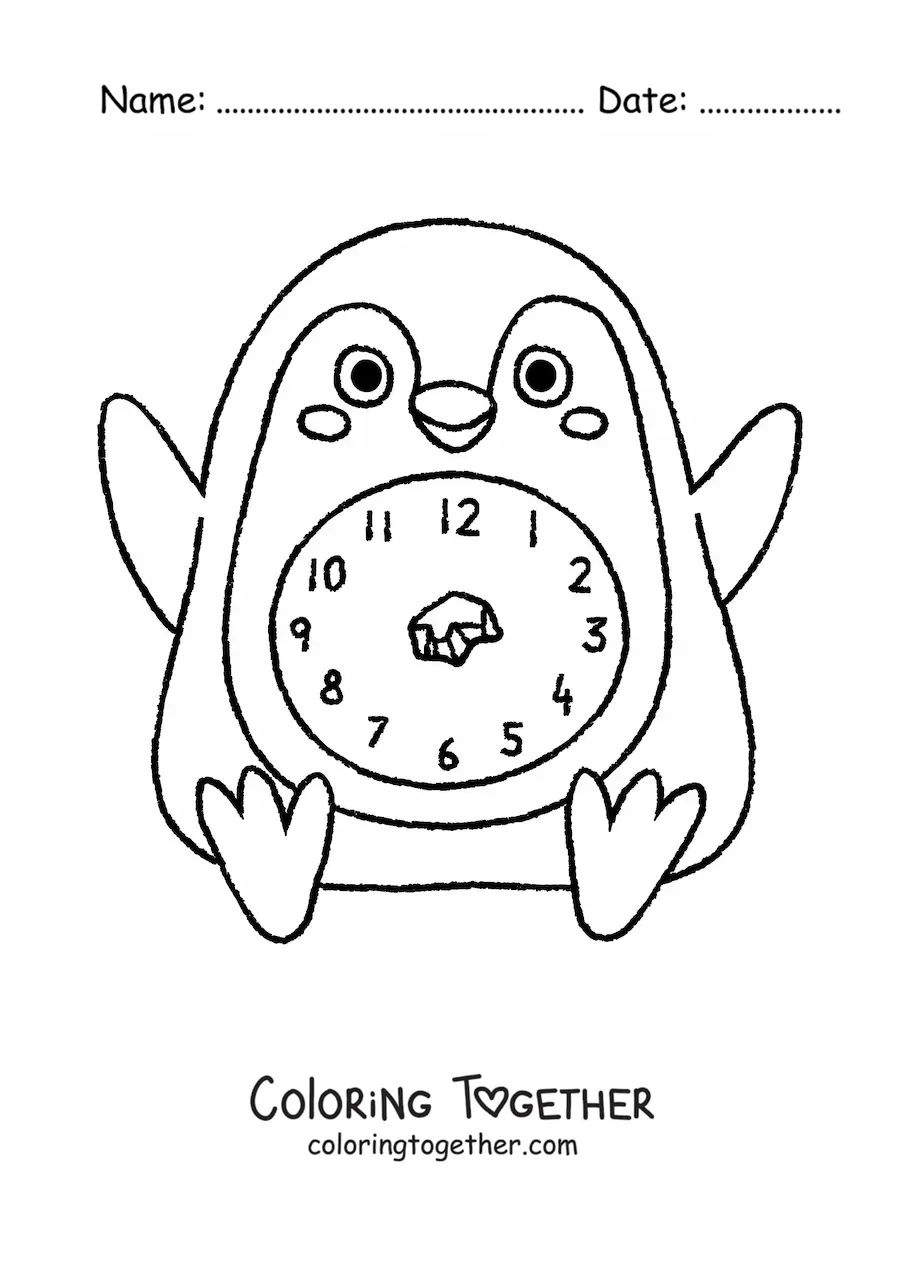 Coloring page of a kawaii penguin clock