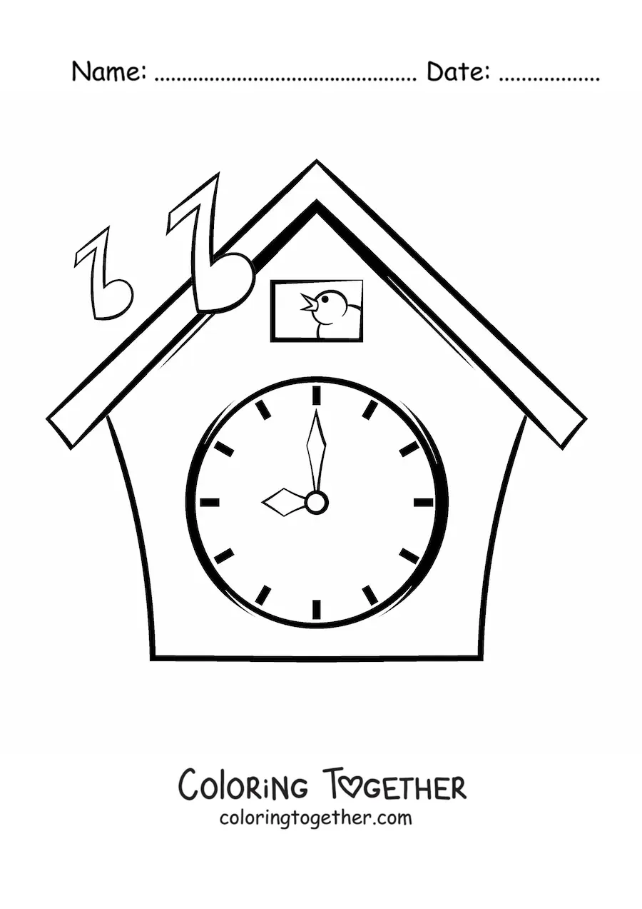 Coloring page of a cuckoo clock showing the time