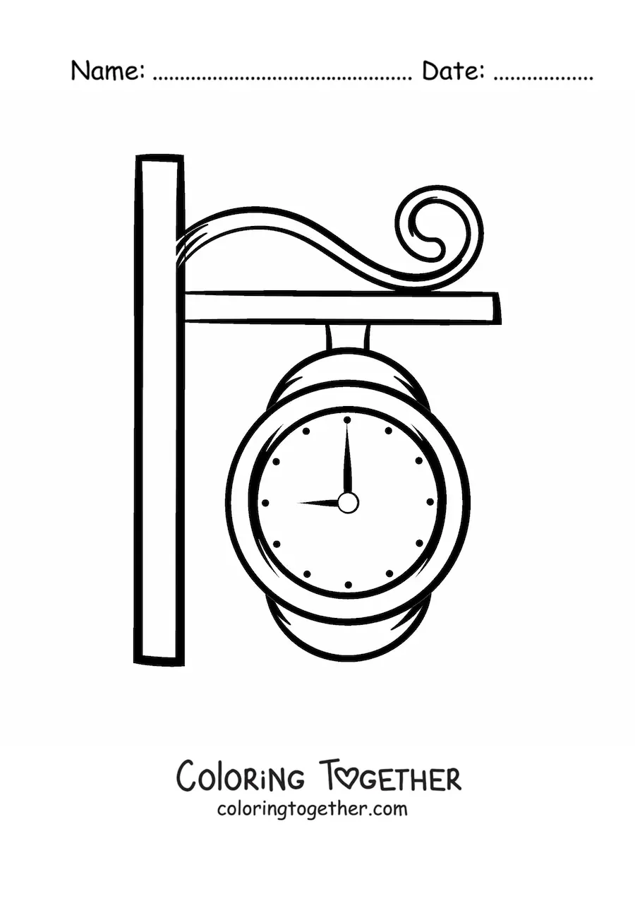 Coloring page of a station clock showing the time