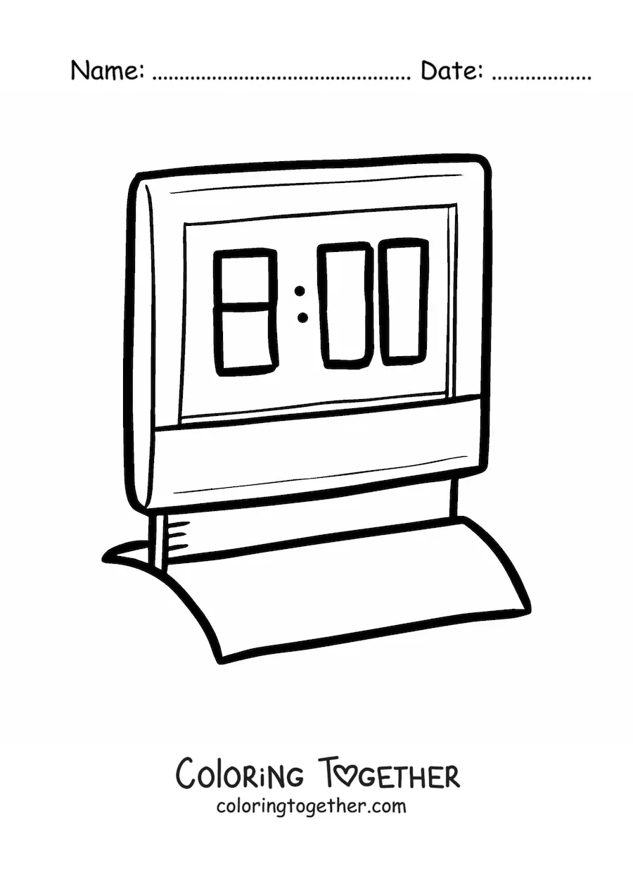 Coloring page of a digital clock showing the time