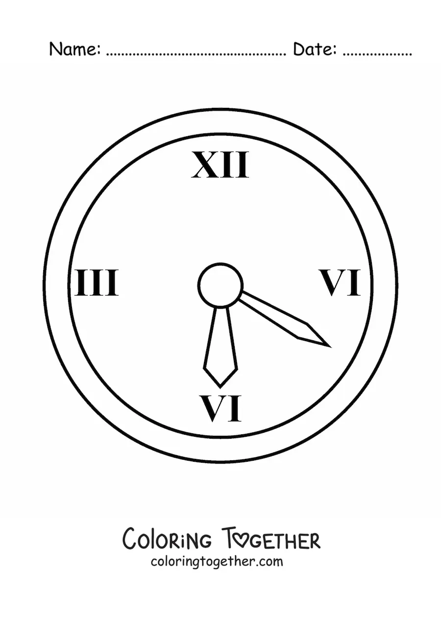 Coloring page of a wall clock showing the time
