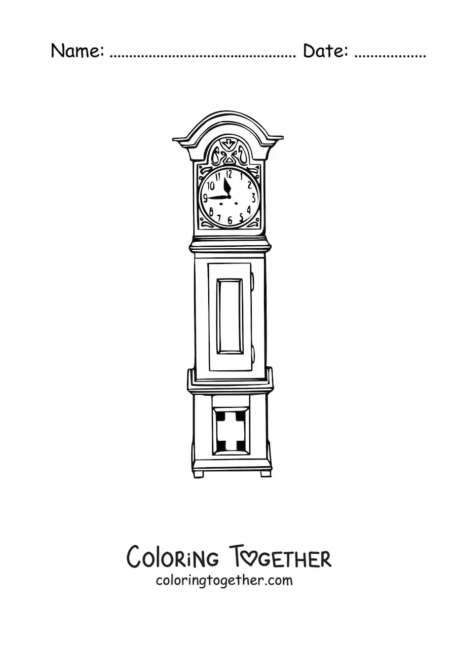 Coloring page of an antique clock showing the time