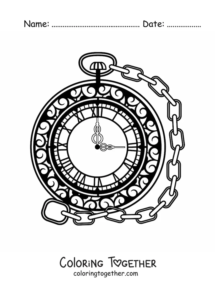 Coloring page of a pocket watch showing the time