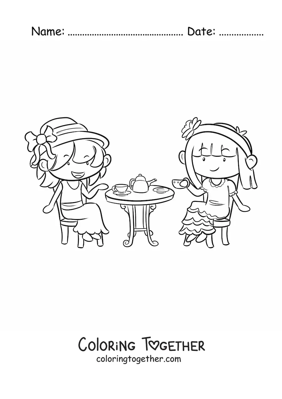 Coloring page of two kawaii girls having tea at a table
