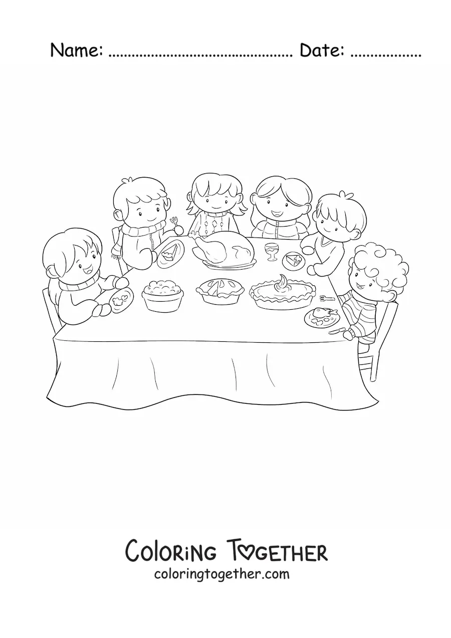 Coloring page of a family having dinner at a table with a tablecloth