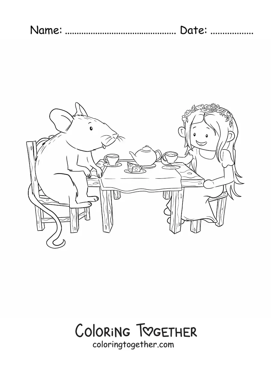Coloring page of a girl and an animated mouse having tea at a wooden table
