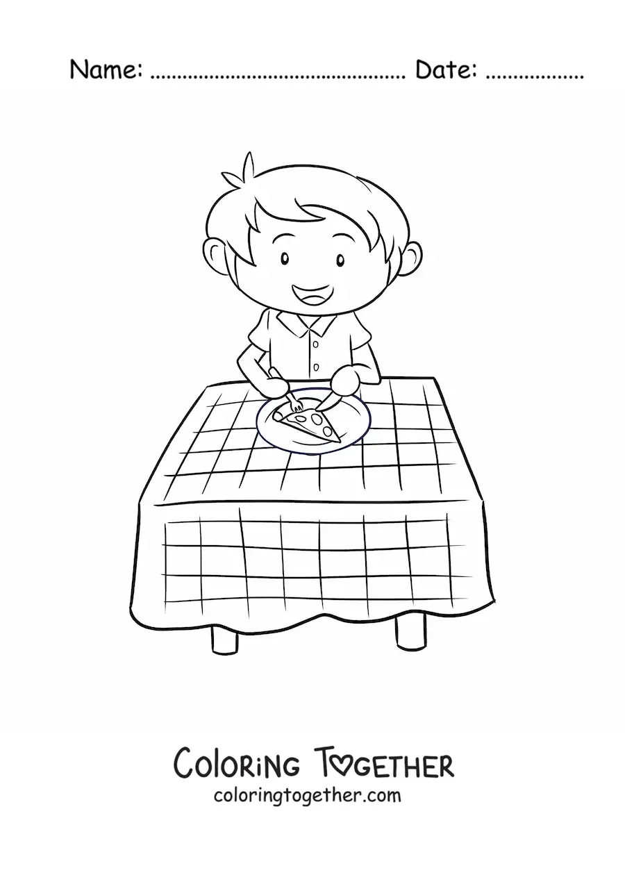 Coloring page of a boy eating pizza at a table with a checkered tablecloth