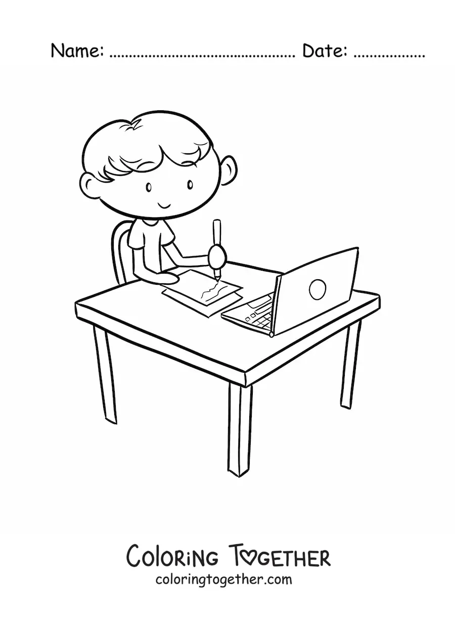 Coloring page of a boy doing homework at a table