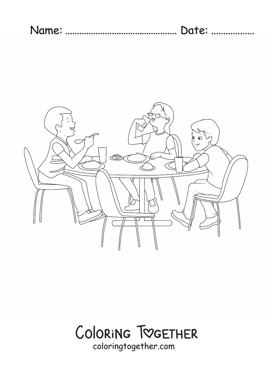 Coloring page of three kids eating at the table