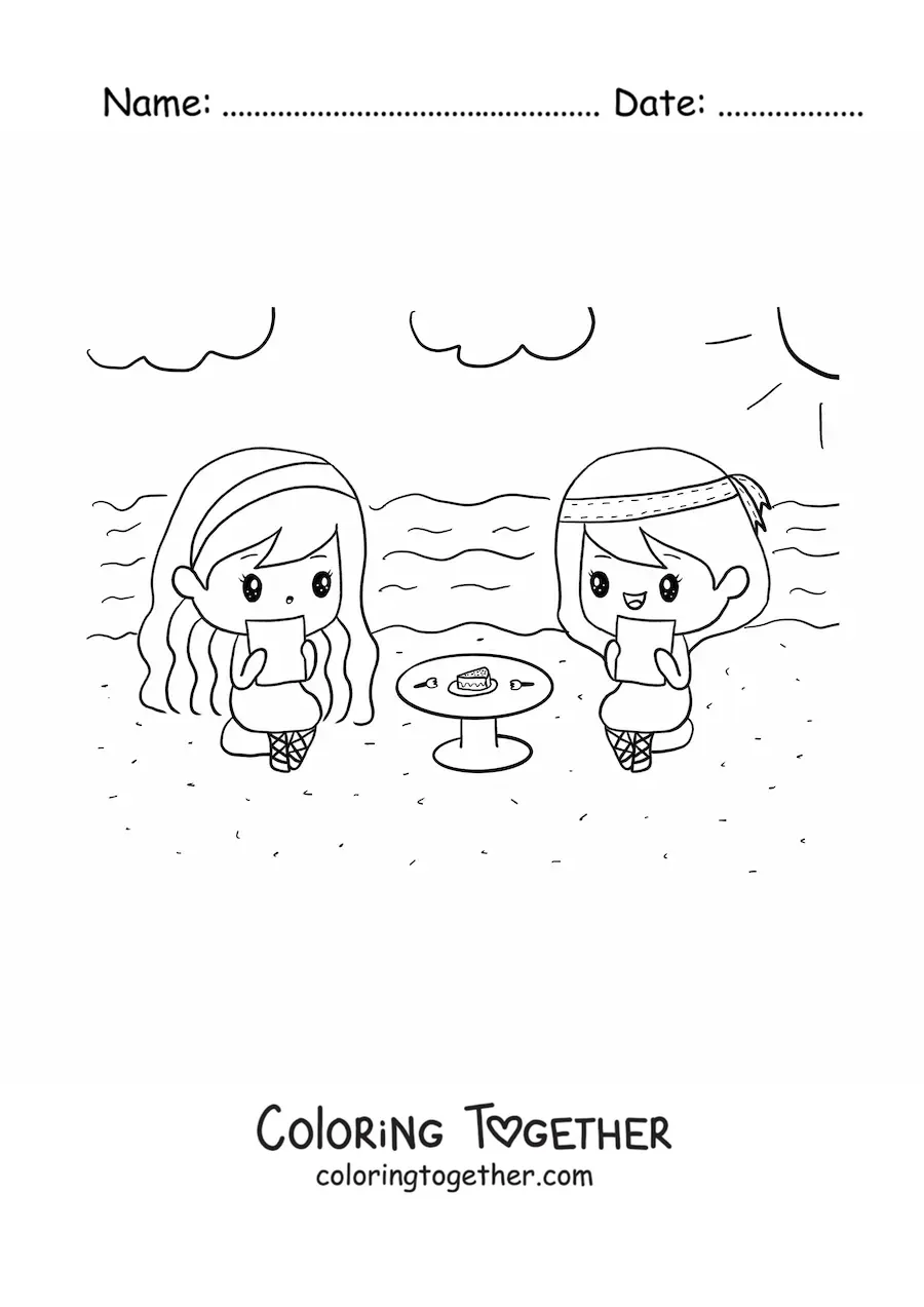 Coloring page of two kawaii girls having a snack at a round table