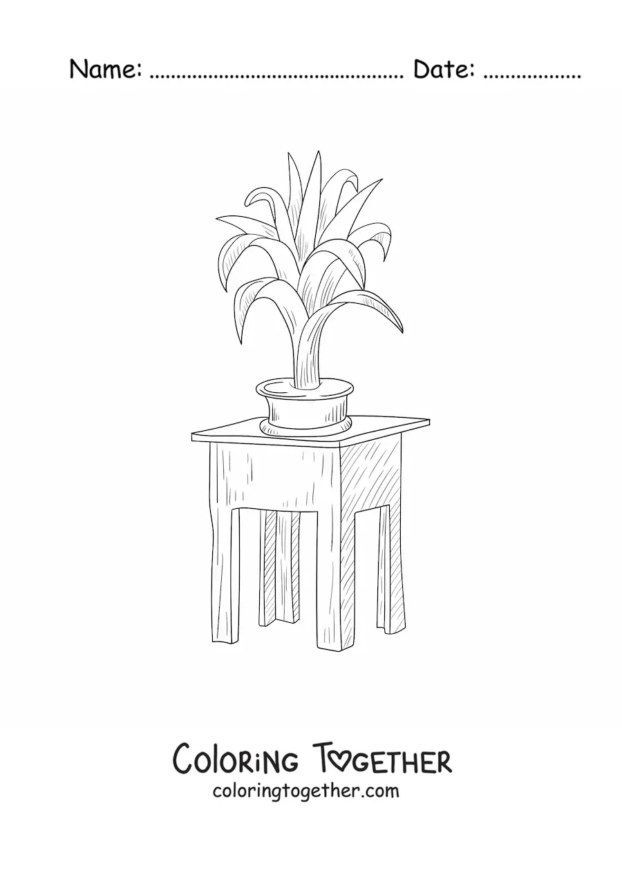 Coloring page of a plant on a small square table
