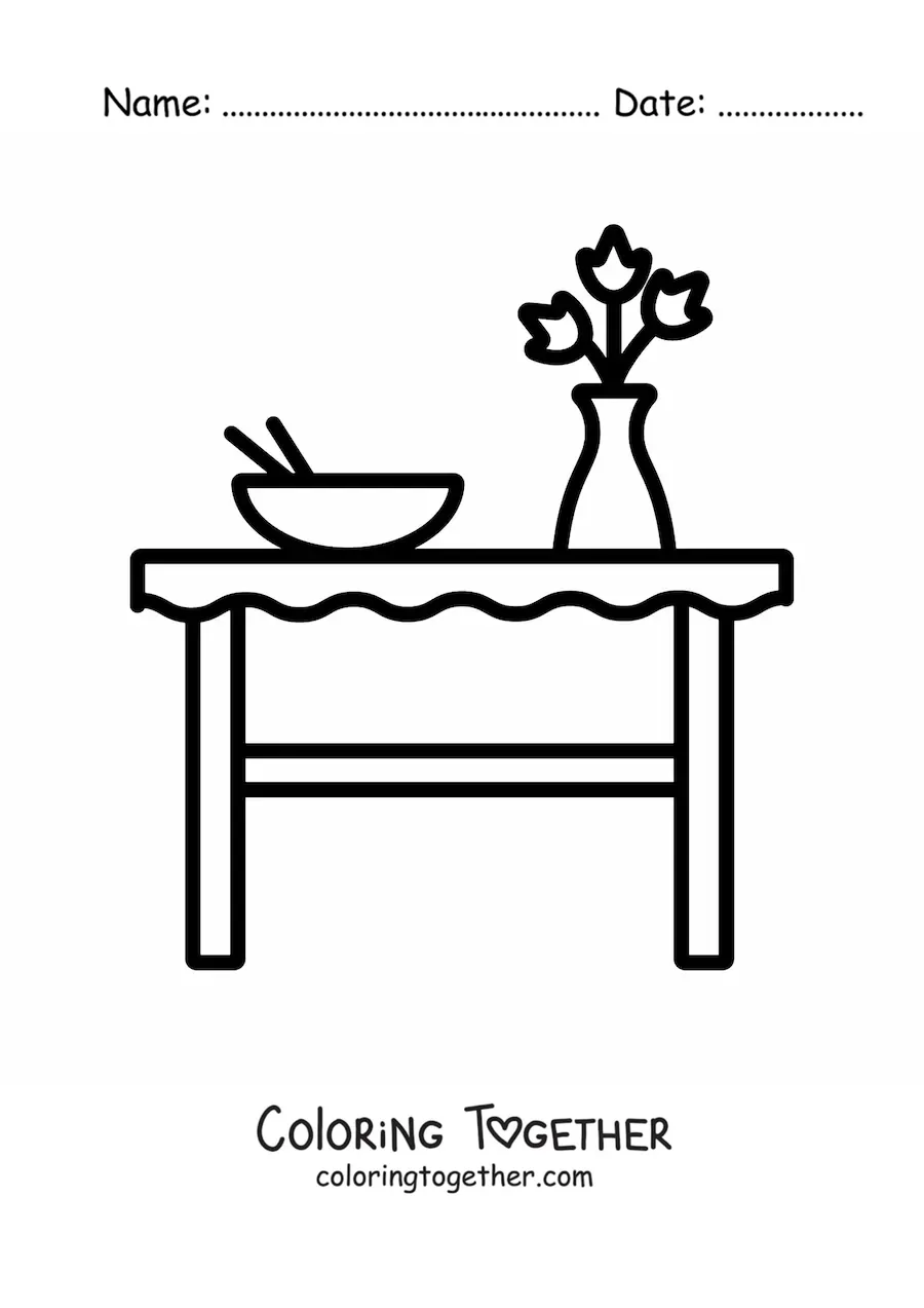 Coloring page of a table with a vase and a plate