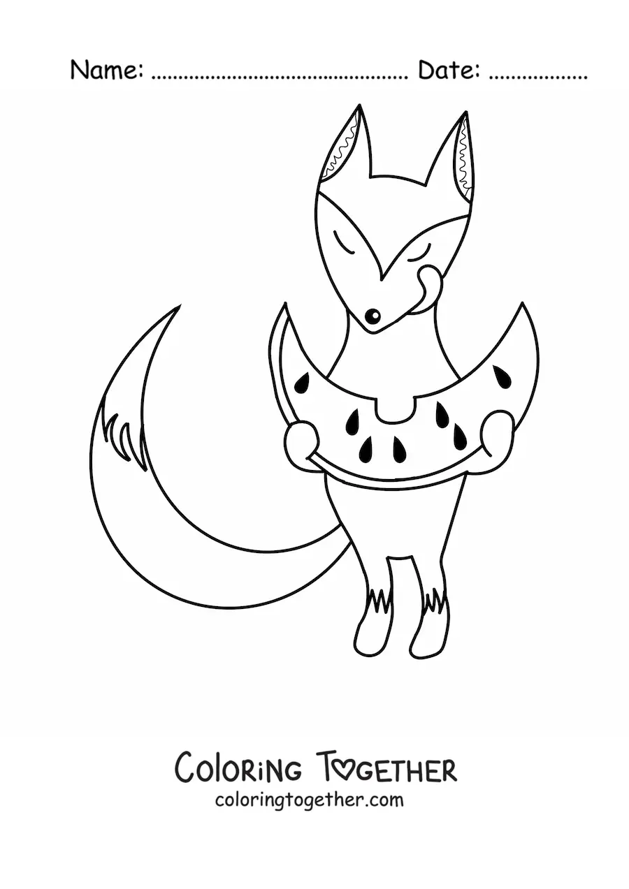 Coloring page of a cartoon fox eating a watermelon