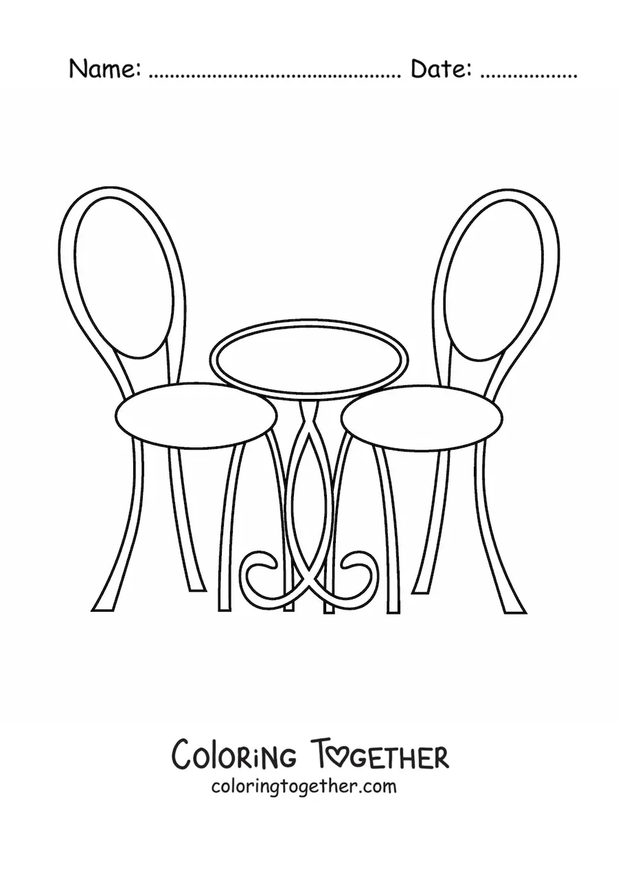 Coloring page of a cafe table with two chairs