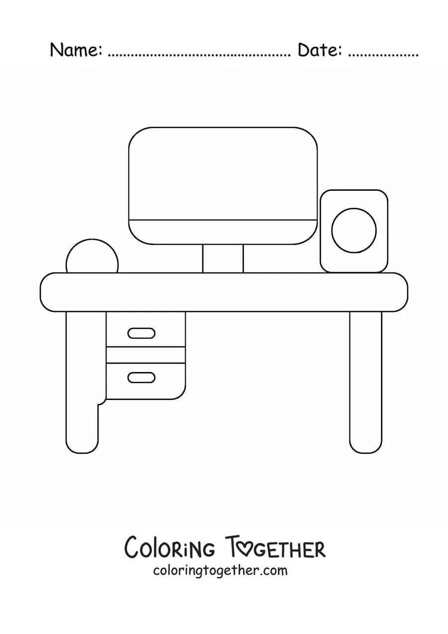 Coloring page of a desk with a computer