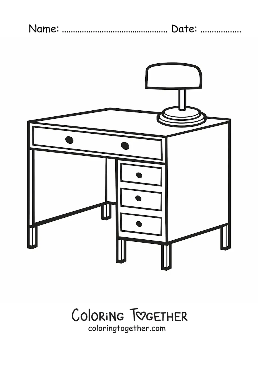 Coloring page of a desk with a lamp