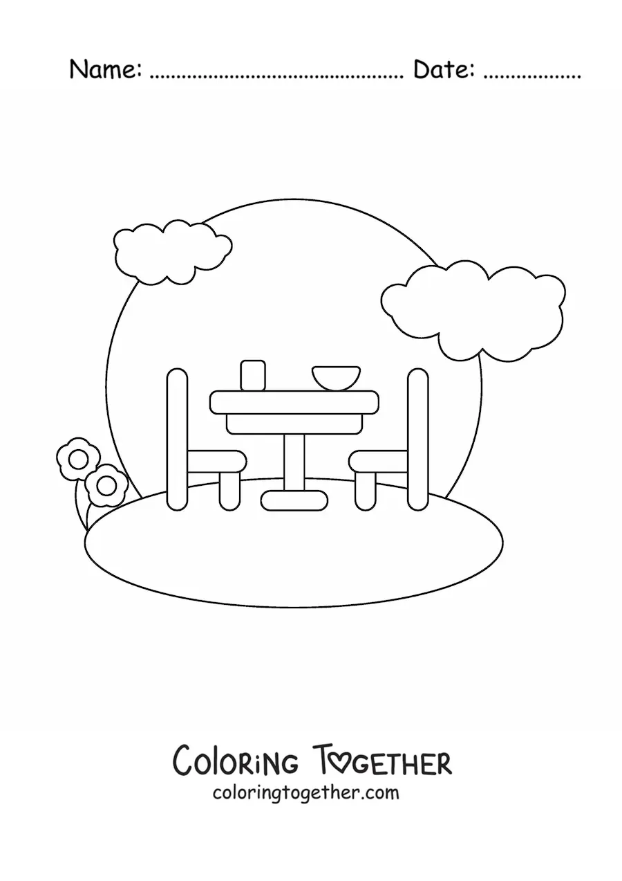 Coloring page of a table with chairs in a garden