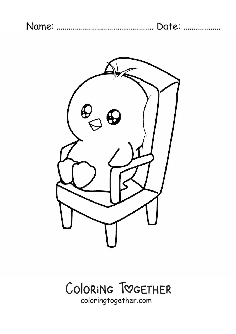 Coloring page of a kawaii animated chick sitting on a chair