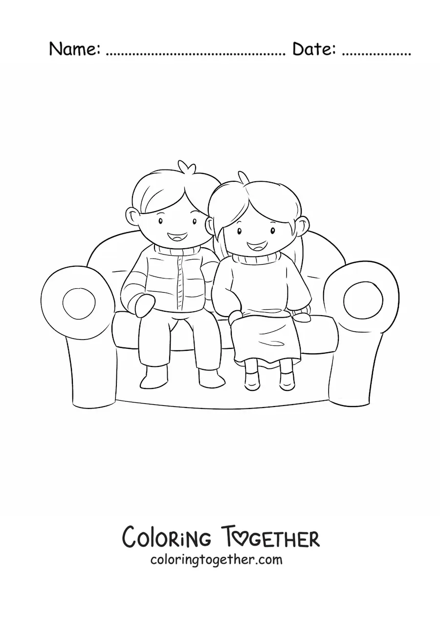 Coloring page of a kawaii couple sitting on an armchair