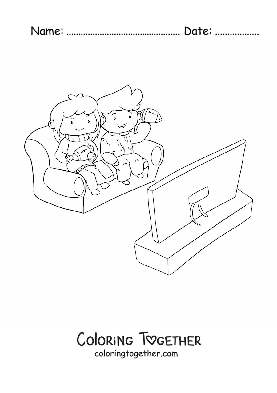 Coloring page of two kids watching a soccer match while sitting on an armchair