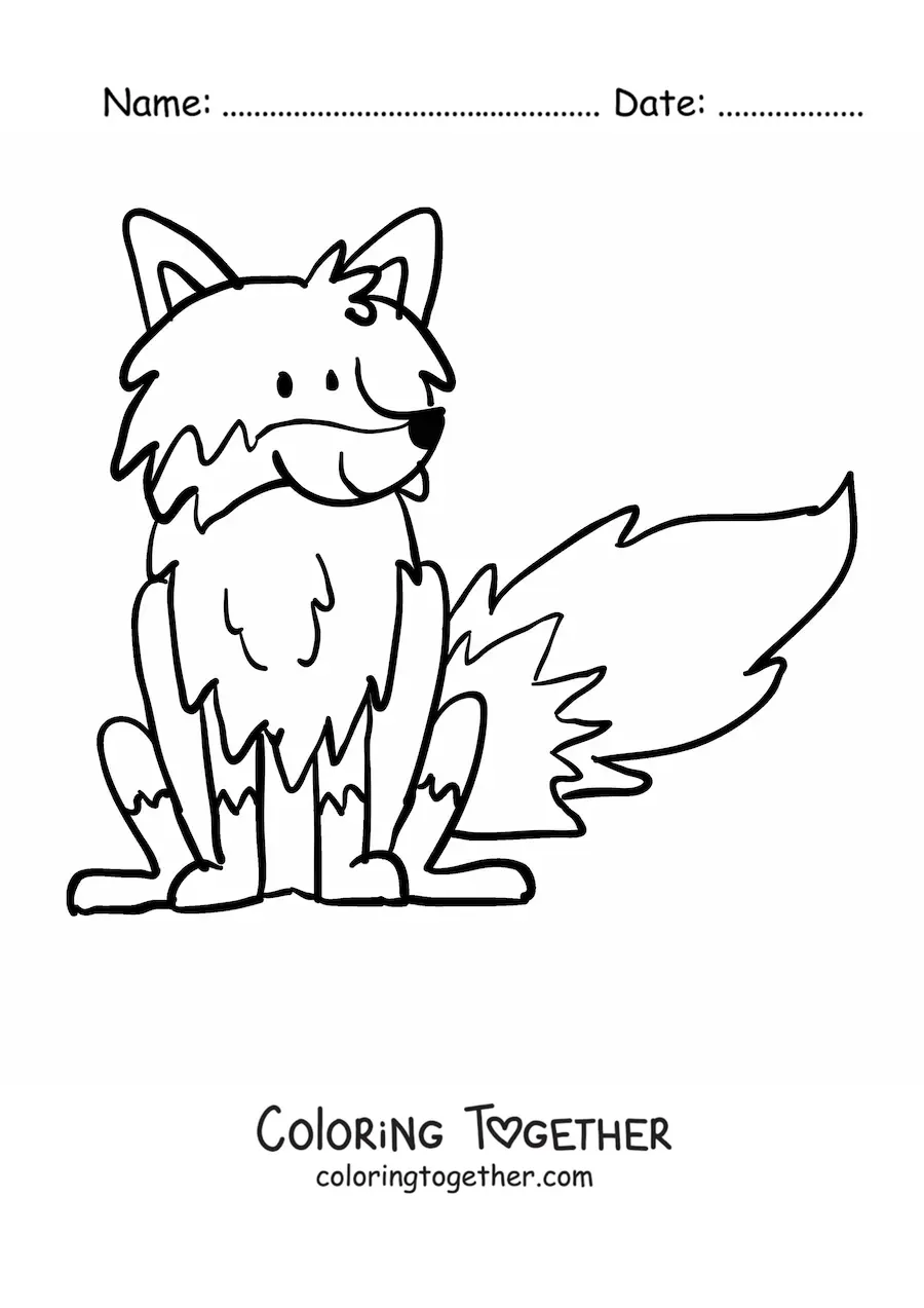 Coloring page of a smiling cartoon fox sitting