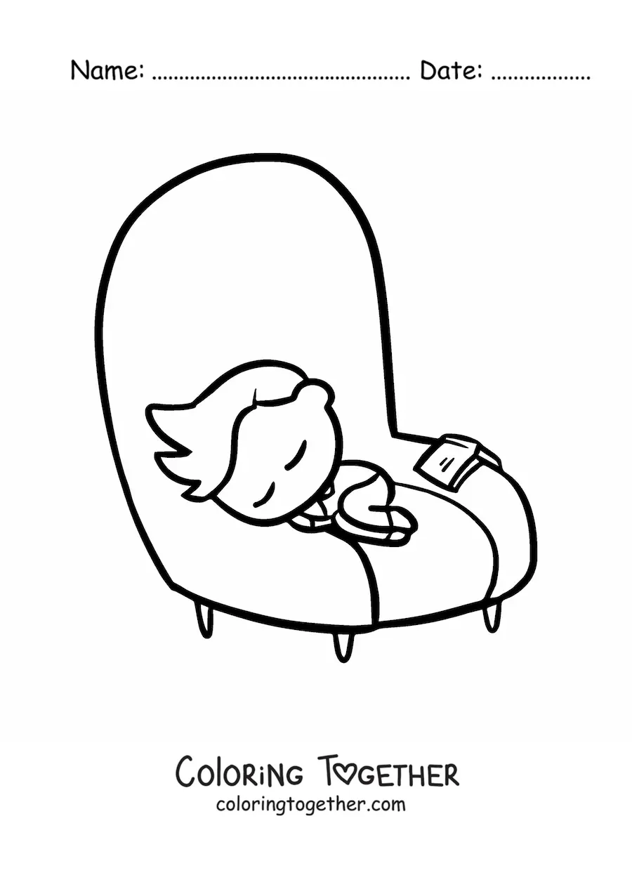 Coloring page of a boy sleeping on an armchair