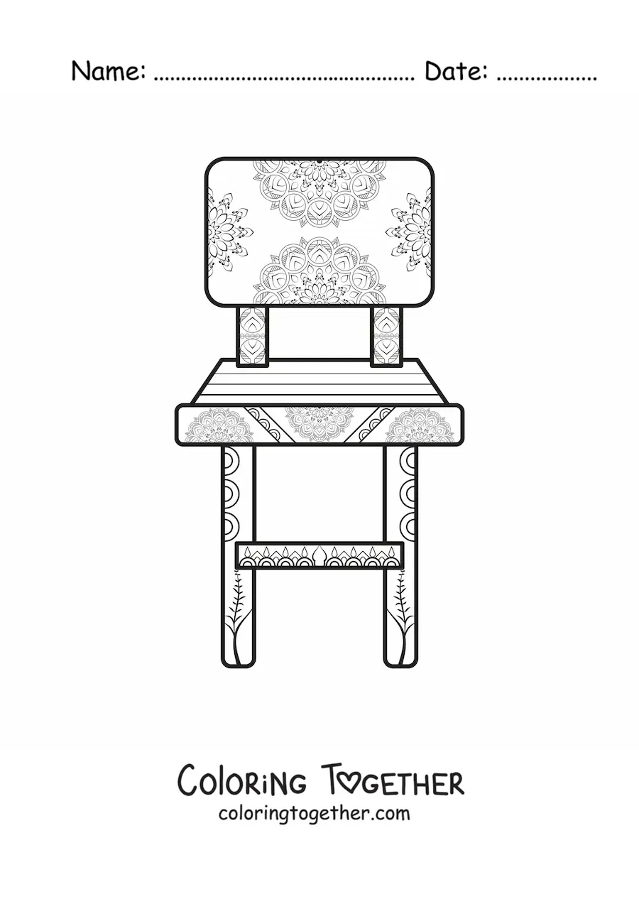 Coloring page of a pretty chair with a mandala pattern