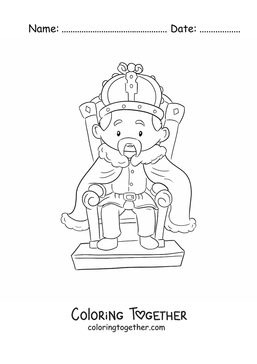 Coloring page of a kawaii king sitting on a throne