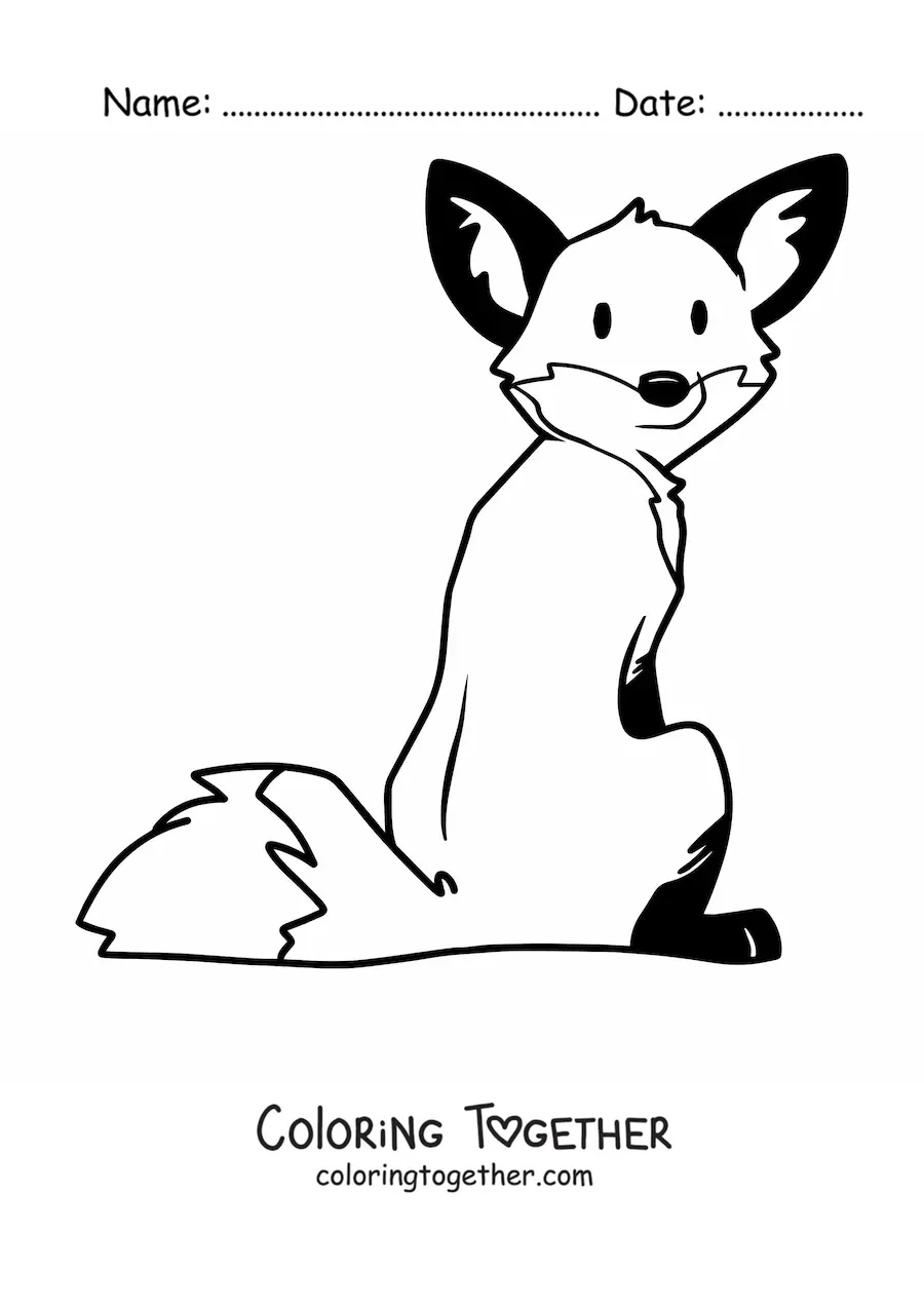 Coloring page of a cartoon fox sitting with its back turned and its head looking backward