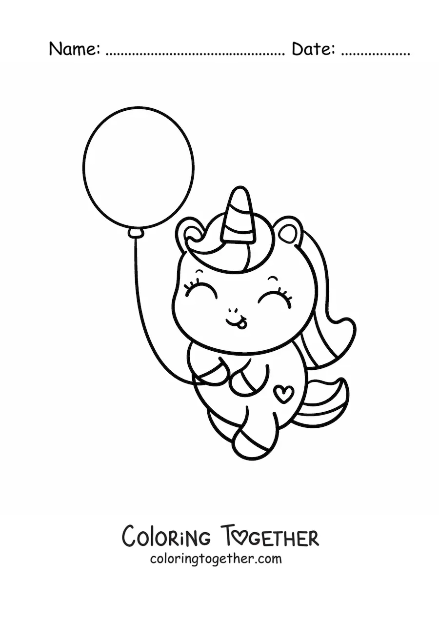 Coloring page of a kawaii unicorn with a balloon
