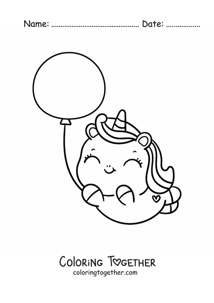 Coloring page of a kawaii unicorn floating with a balloon