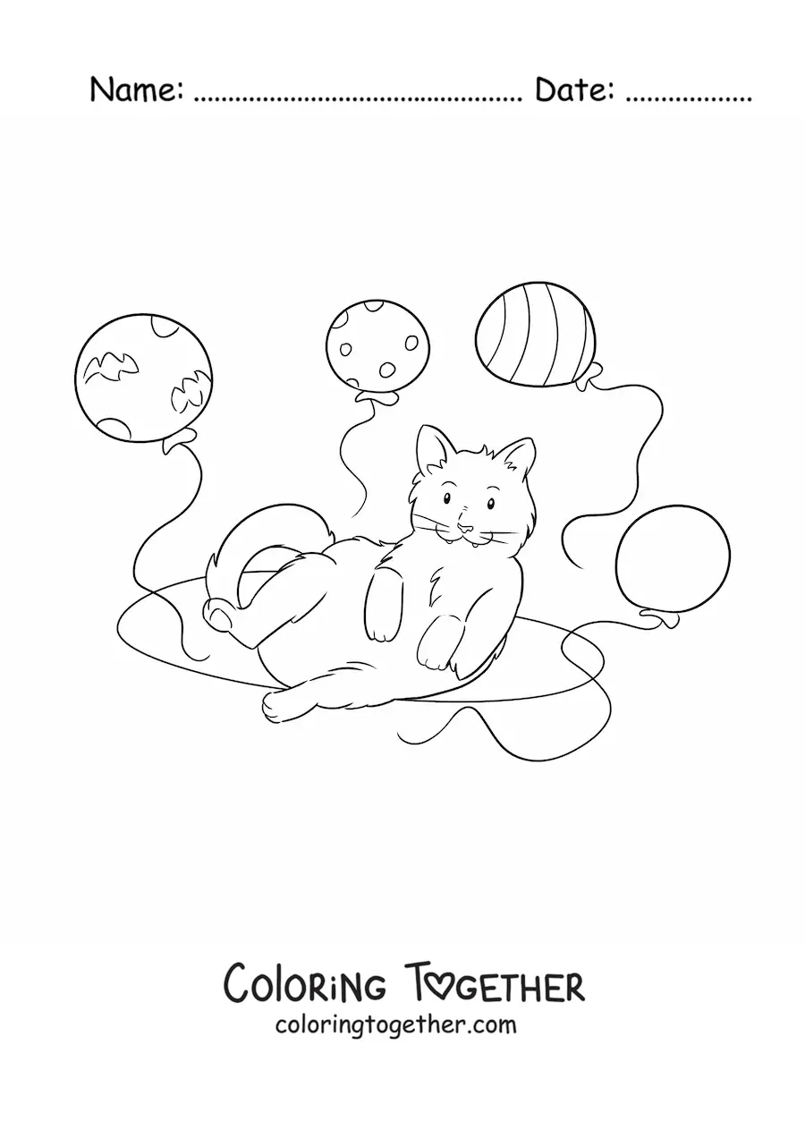 Coloring page of a kawaii cat with four balloons